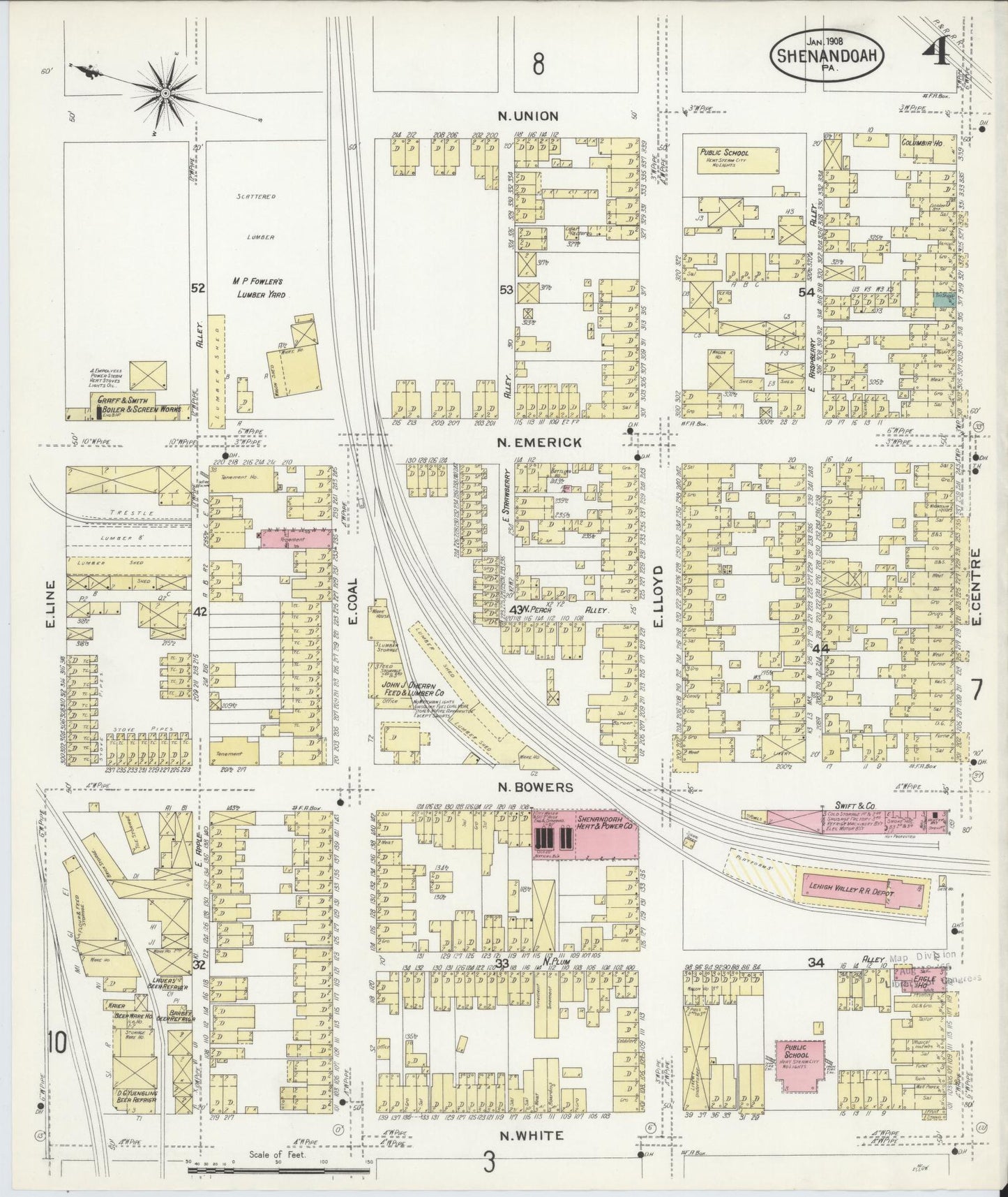 Sanborn Fire Insurance Map from Shenandoah, Schuylkill County, Pennsylvania (1908), Sheet #0004 - Historic Sanborn Fire Insurance Map Print, vintage old map wall art, antique decor, genealogy gift, Pennsylvania Pennsylvania map