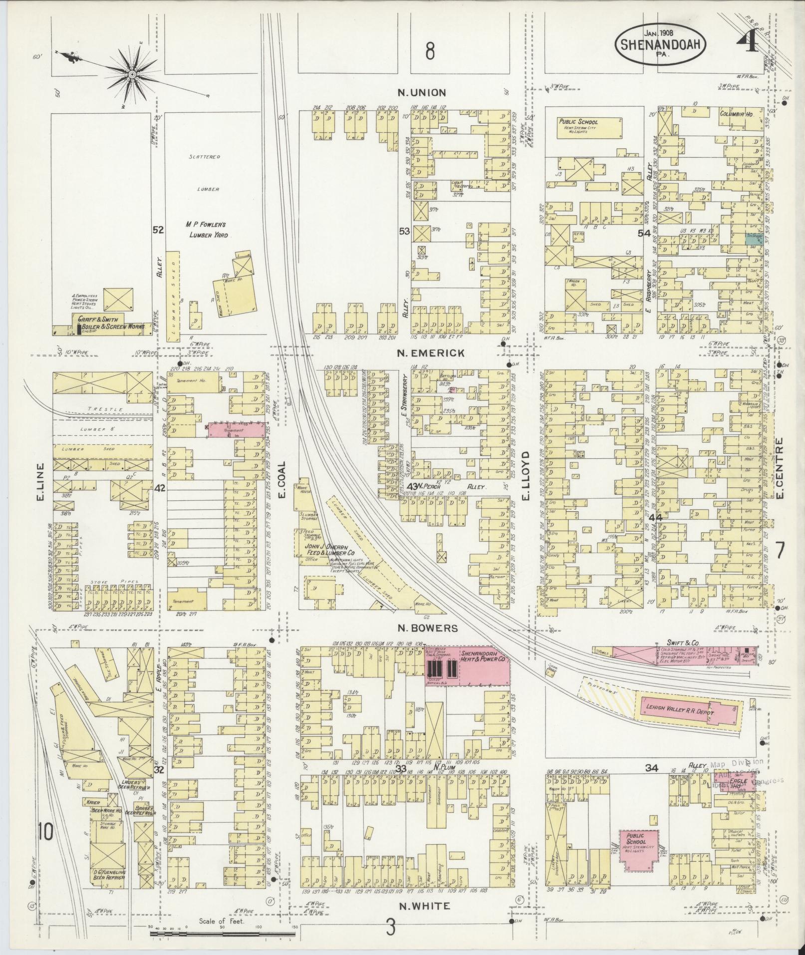 Sanborn Fire Insurance Map from Shenandoah, Schuylkill County, Pennsylvania (1908), Sheet #0004 - Historic Sanborn Fire Insurance Map Print, vintage old map wall art, antique decor, genealogy gift, Pennsylvania Pennsylvania map
