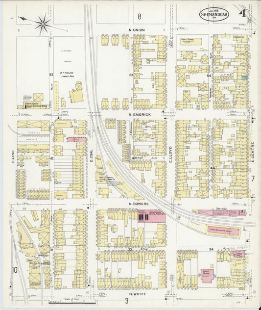 Sanborn Fire Insurance Map from Shenandoah, Schuylkill County, Pennsylvania (1908), Sheet #0004 - Historic Sanborn Fire Insurance Map Print, vintage old map wall art, antique decor, genealogy gift, Pennsylvania Pennsylvania map