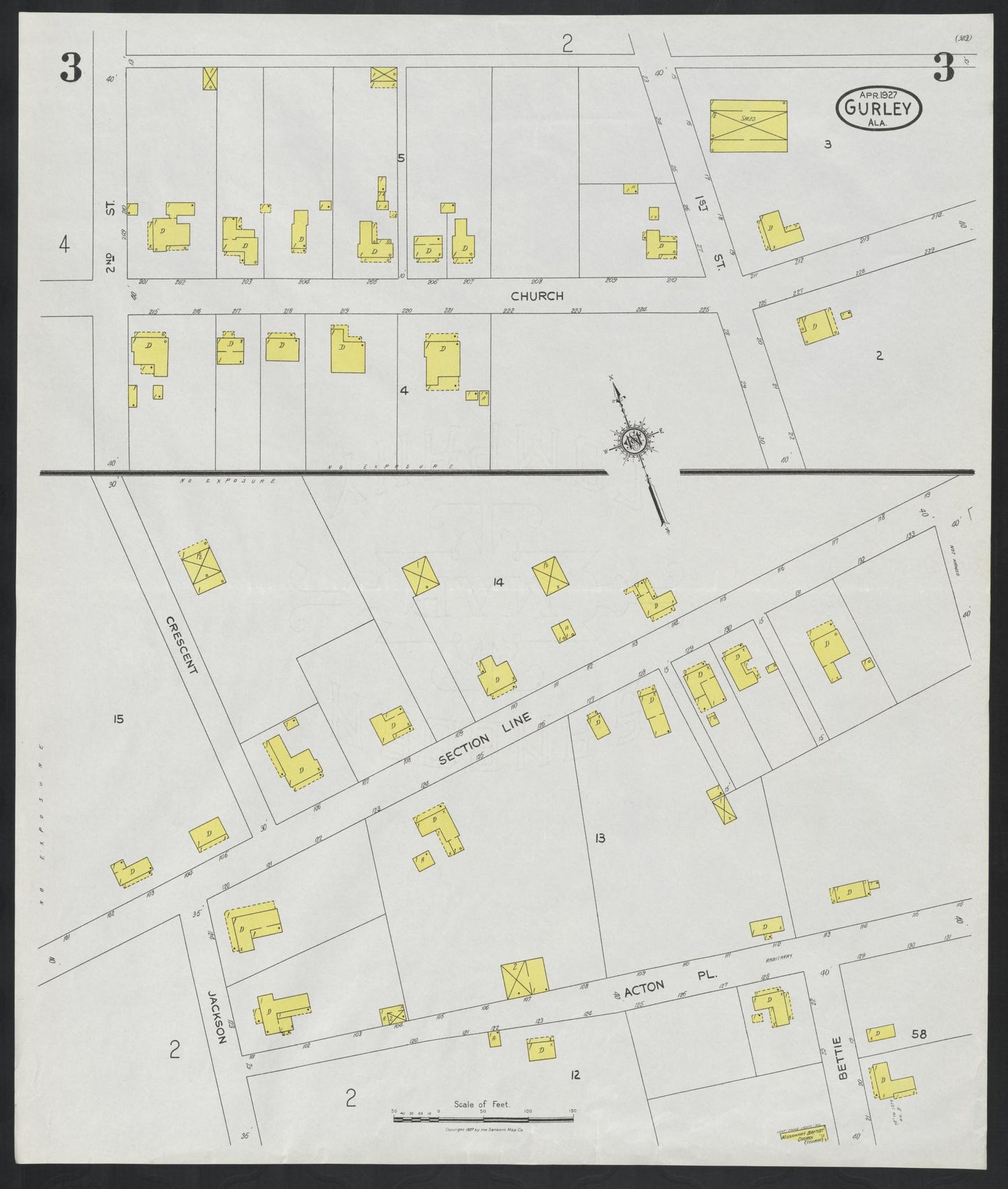 Sanborn Fire Insurance Map from Gurley, Madison County, Alabama (1927), Sheet #0003 - Complete Map Set gallery image, historic Sanborn map, vintage wall art, Alabama Alabama