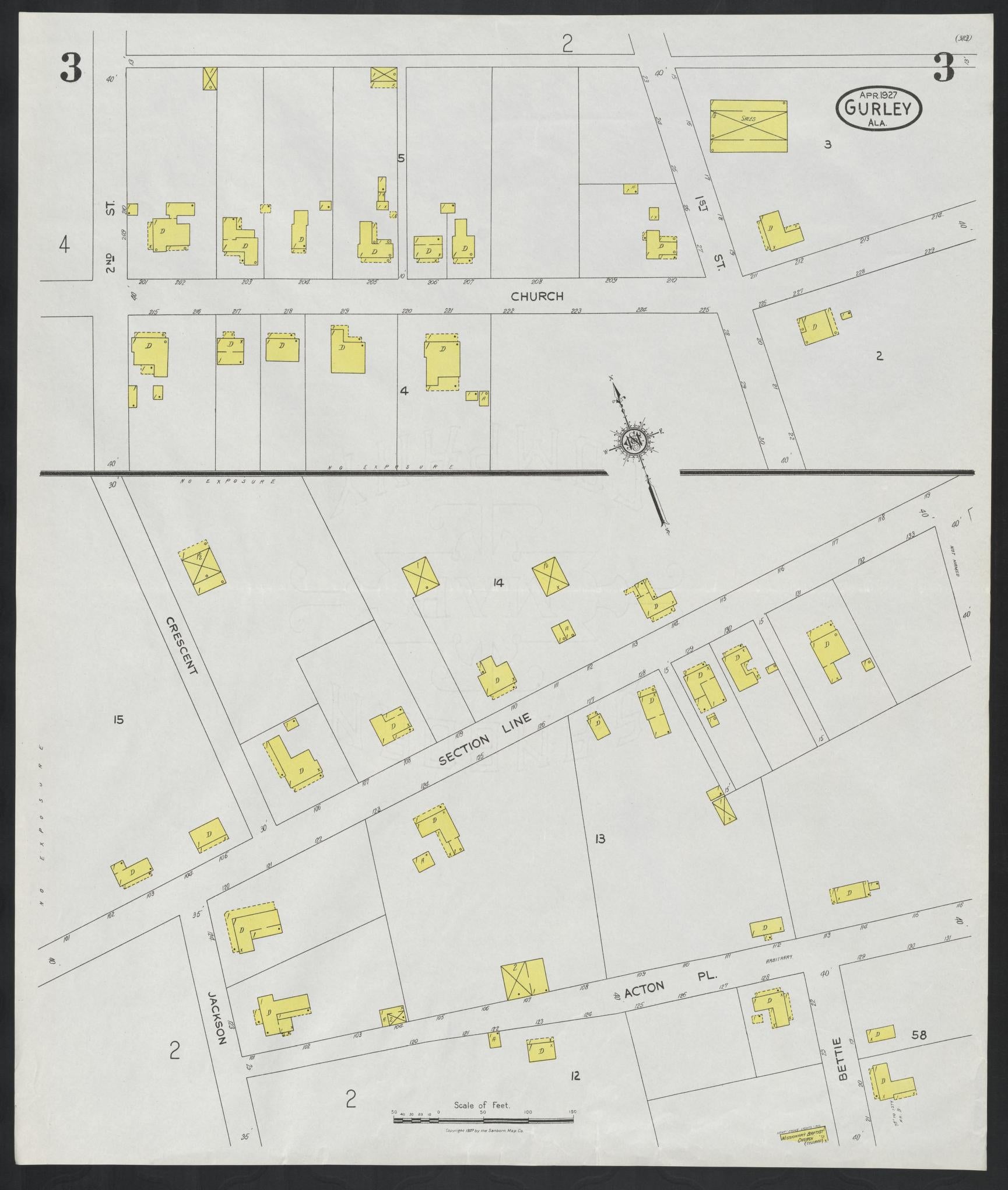 Sanborn Fire Insurance Map from Gurley, Madison County, Alabama (1927), Sheet #0003 - Complete Map Set gallery image, historic Sanborn map, vintage wall art, Alabama Alabama