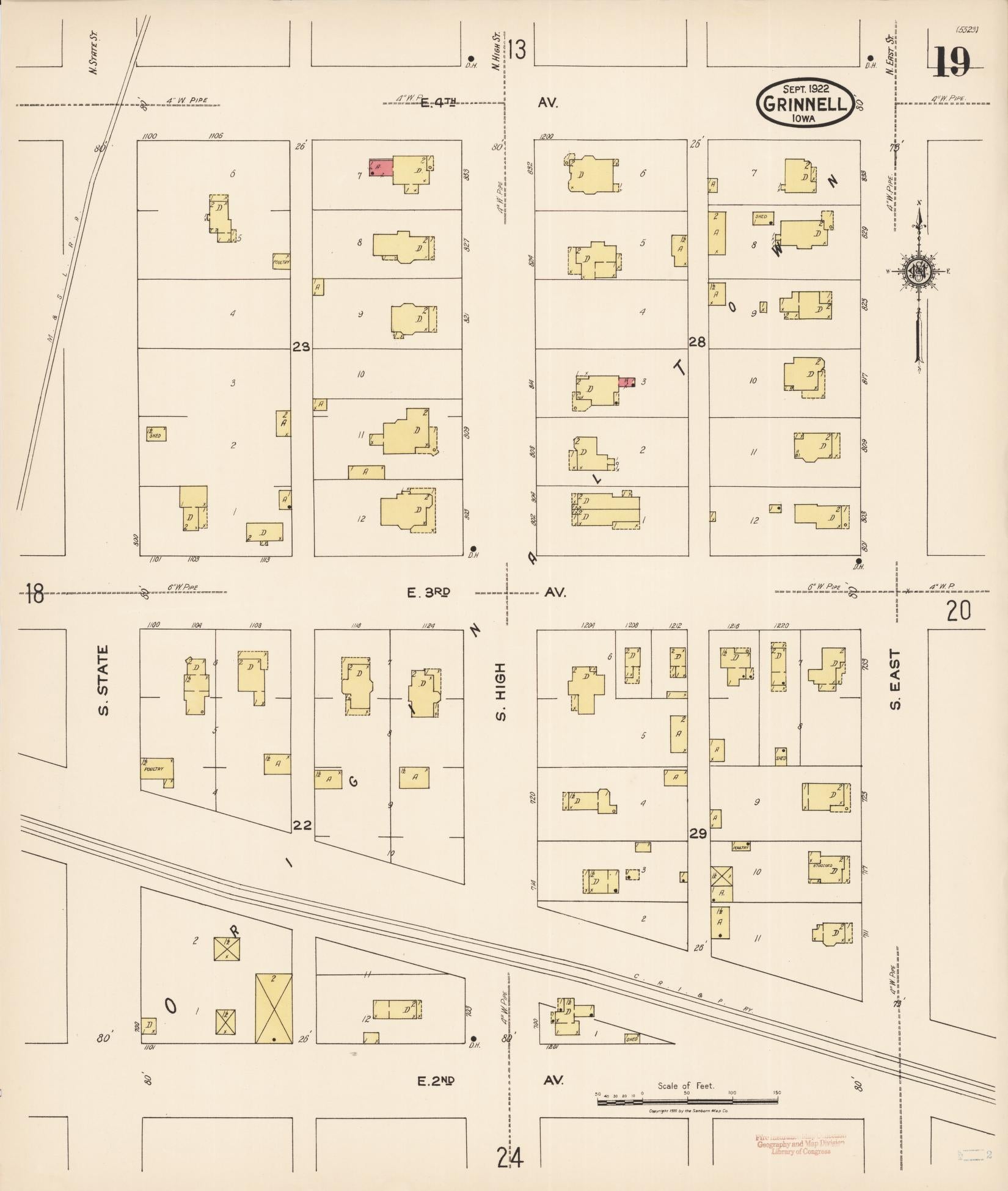 Sanborn Fire Insurance Map from Grinnell, Poweshiek County, Iowa (1922), Sheet #0019 - Historic Sanborn Fire Insurance Map Print, vintage old map wall art