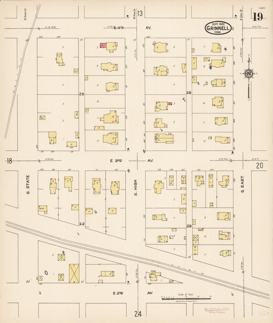 Sanborn Fire Insurance Map from Grinnell, Poweshiek County, Iowa (1922), Sheet #0019 - Historic Sanborn Fire Insurance Map Print, vintage old map wall art