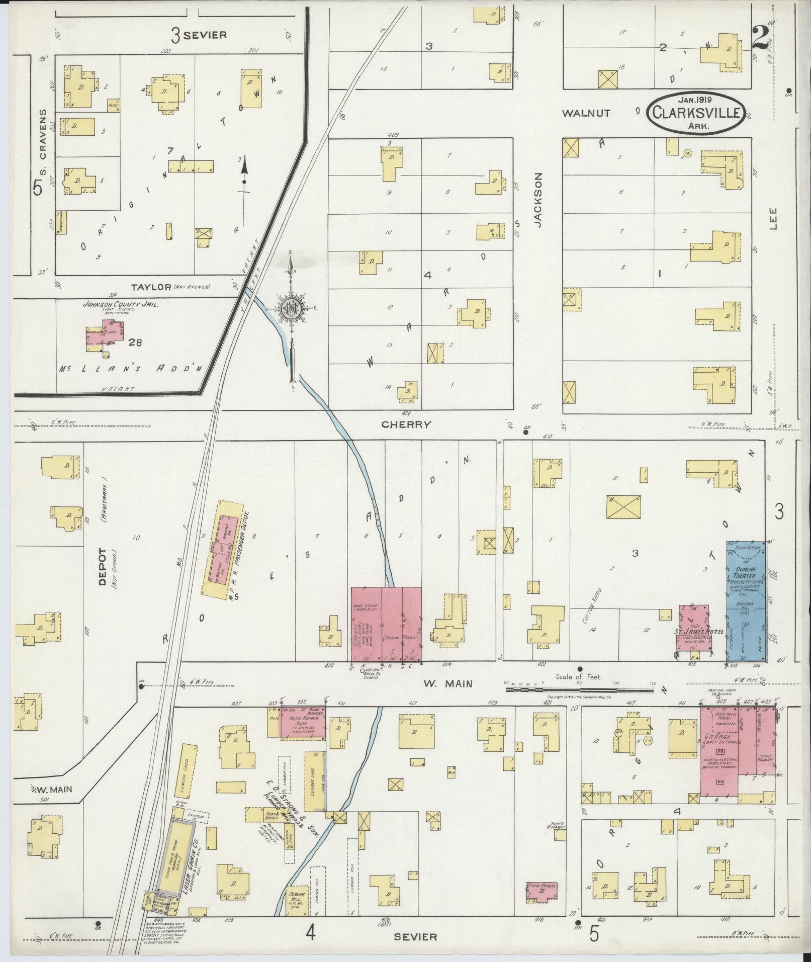 Sanborn Fire Insurance Map from Clarksville, Johnson County, Arkansas (1919), Sheet #0002 - Historic Sanborn Fire Insurance Map Print, vintage old map wall art, antique decor, genealogy gift, Arkansas Arkansas map