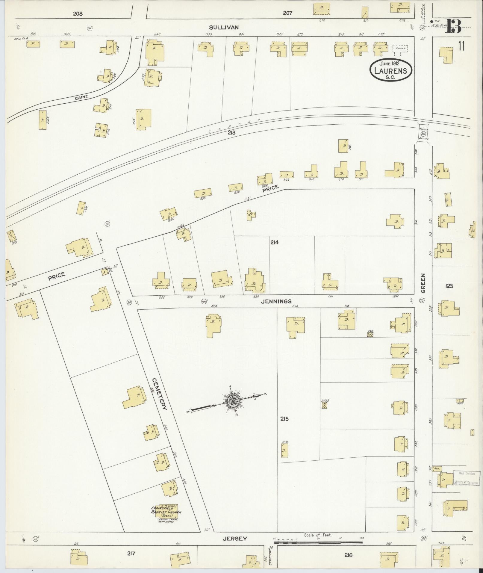 Sanborn Fire Insurance Map from Laurens, Laurens County, South Carolina (1912), Sheet #0013 - Historic Sanborn Fire Insurance Map Print, vintage old map wall art, antique decor, genealogy gift, South Carolina South Carolina map