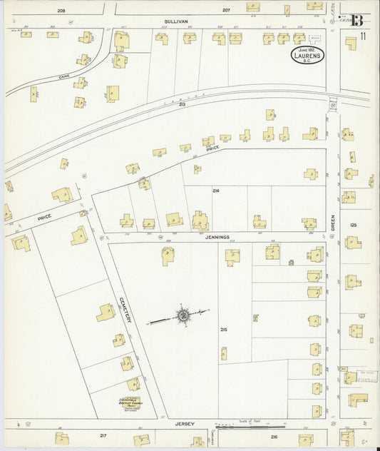 Sanborn Fire Insurance Map from Laurens, Laurens County, South Carolina (1912), Sheet #0013 - Historic Sanborn Fire Insurance Map Print, vintage old map wall art, antique decor, genealogy gift, South Carolina South Carolina map