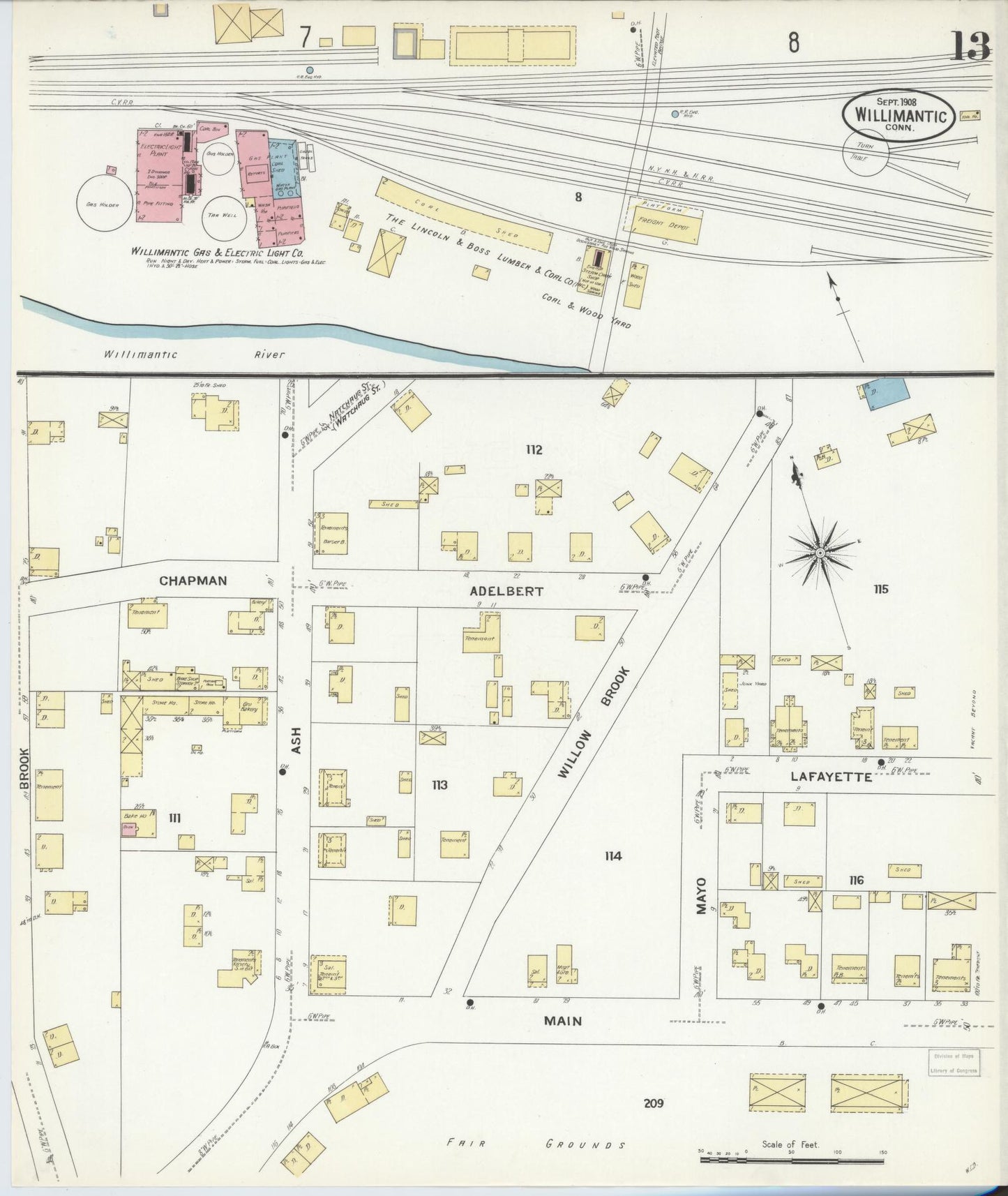 Sanborn Fire Insurance Map from Willimantic, Windham County, Connecticut (1908), Sheet #0013 - Complete Map Set gallery image, historic Sanborn map, vintage wall art, Connecticut Connecticut
