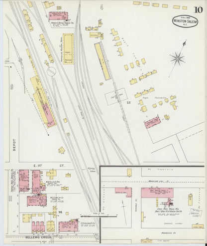 Sanborn Fire Insurance Map from Winston-Salem, Forsyth County, North Carolina (1895), Sheet #0010 - Historic Sanborn Fire Insurance Map Print, vintage old map wall art, antique decor, genealogy gift, North Carolina North Carolina map