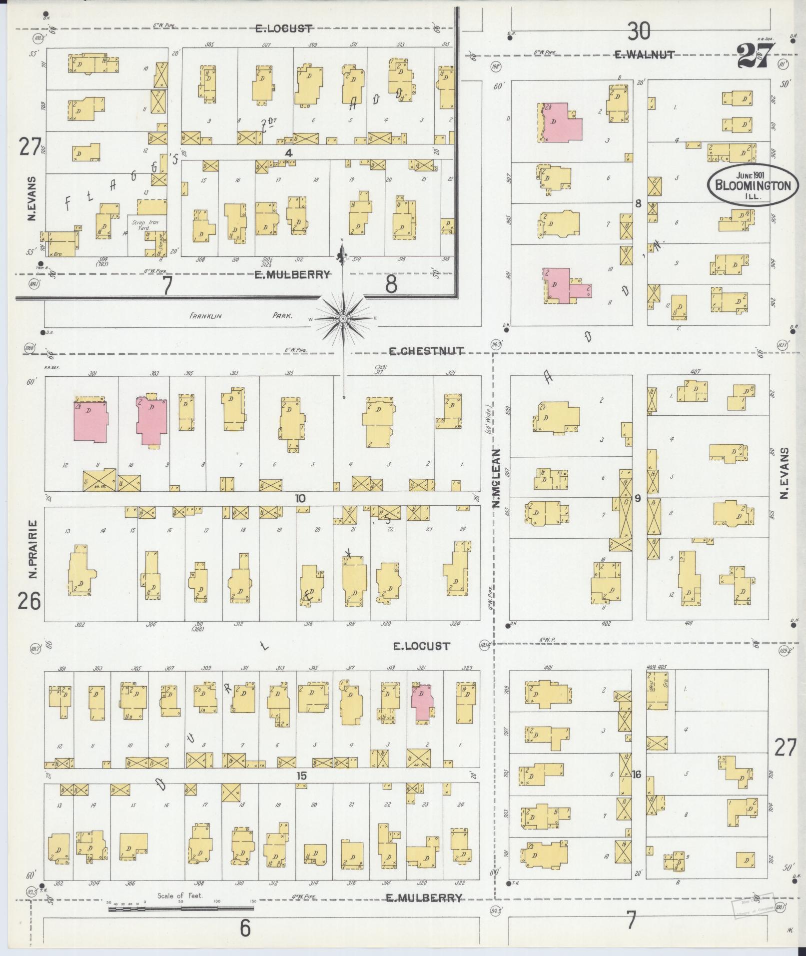 Sanborn Fire Insurance Map from Bloomington, McLean County, Illinois (1901), Sheet #0027 - Historic Sanborn Fire Insurance Map Print, vintage old map wall art, antique decor, genealogy gift, Illinois Illinois map