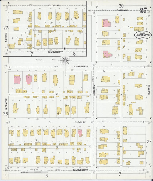 Sanborn Fire Insurance Map from Bloomington, McLean County, Illinois (1901), Sheet #0027 - Historic Sanborn Fire Insurance Map Print, vintage old map wall art, antique decor, genealogy gift, Illinois Illinois map