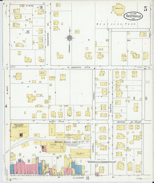 Sanborn Fire Insurance Map from Fayetteville, Washington County, Arkansas (1919), Sheet #0005 - Historic Sanborn Fire Insurance Map Print, vintage old map wall art, antique decor, genealogy gift, Arkansas Arkansas map