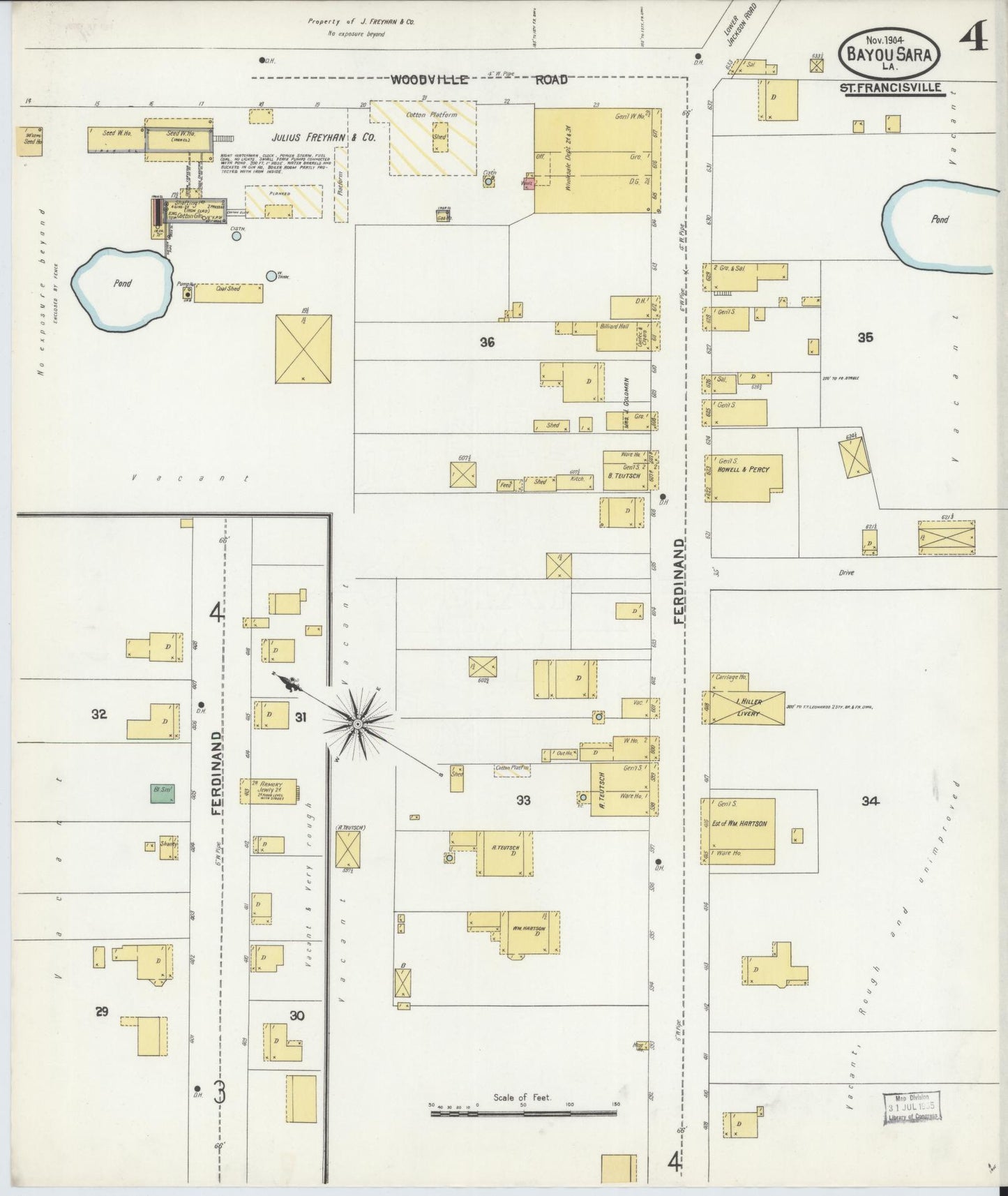 Sanborn Fire Insurance Map from Bayou Sara, West Feliciana Parish, Louisiana (1904), Sheet #0004 - Complete Map Set gallery image, historic Sanborn map, vintage wall art, Louisiana Louisiana