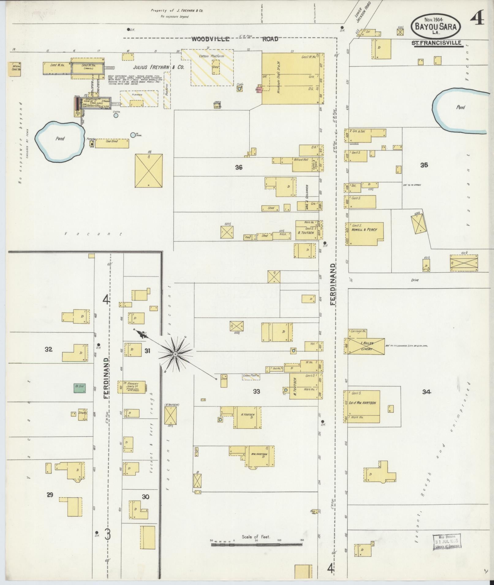 Sanborn Fire Insurance Map from Bayou Sara, West Feliciana Parish, Louisiana (1904), Sheet #0004 - Complete Map Set gallery image, historic Sanborn map, vintage wall art, Louisiana Louisiana