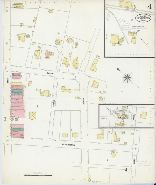 Sanborn Fire Insurance Map from Henderson, Chester County, Tennessee (1907), Sheet #0004 - Historic Sanborn Fire Insurance Map Print, vintage old map wall art, antique decor, genealogy gift, Tennessee Tennessee map
