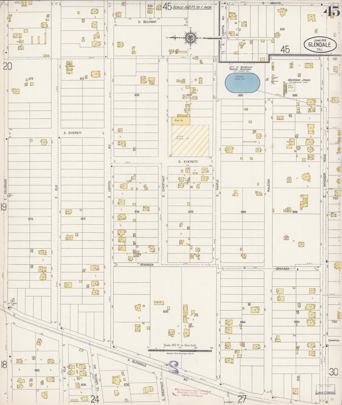 Sanborn Fire Insurance Map from Glendale, Los Angeles County, California (1919), Sheet #0045 - Complete Map Set gallery image, historic Sanborn map, vintage wall art, California California
