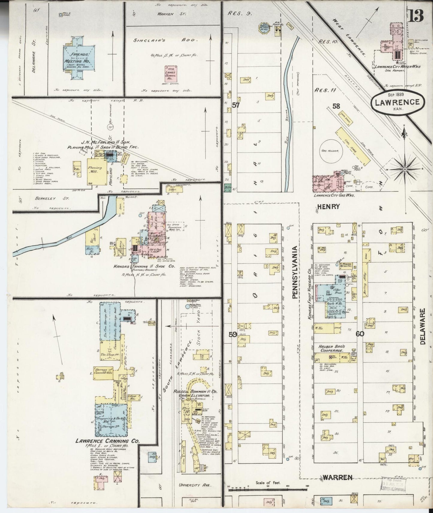 Sanborn Fire Insurance Map from Lawrence, Douglas County, Kansas (1889), Sheet #0013 - Historic Sanborn Fire Insurance Map Print, vintage old map wall art, antique decor, genealogy gift, Kansas Kansas map