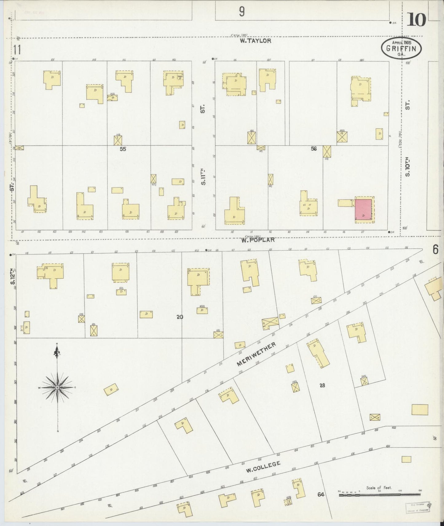 Sanborn Fire Insurance Map from Griffin, Spalding County, Georgia (1905), Sheet #0010 - Historic Sanborn Fire Insurance Map Print, vintage old map wall art, antique decor, genealogy gift, Georgia Georgia map