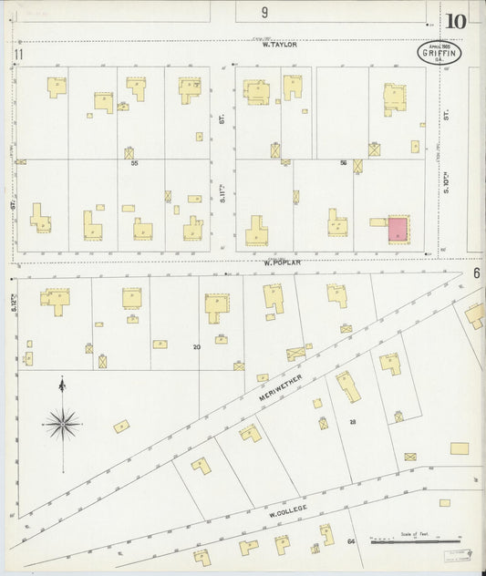 Sanborn Fire Insurance Map from Griffin, Spalding County, Georgia (1905), Sheet #0010 - Historic Sanborn Fire Insurance Map Print, vintage old map wall art, antique decor, genealogy gift, Georgia Georgia map