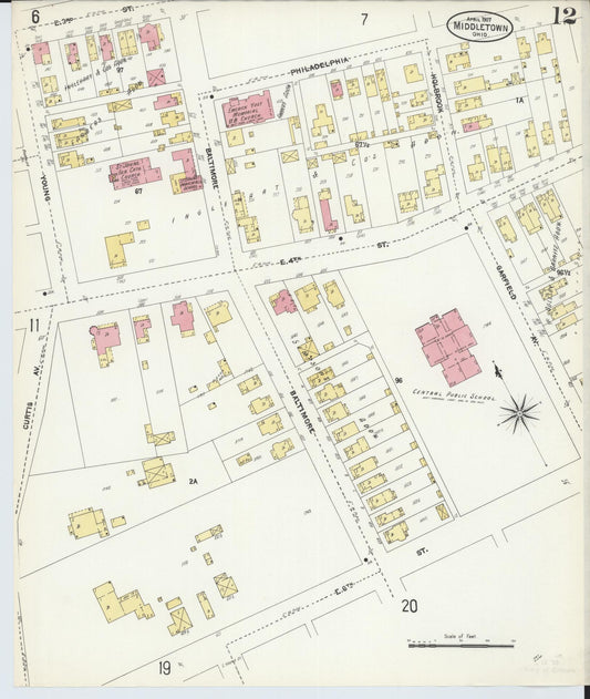 Sanborn Fire Insurance Map from Middletown, Butler County, Ohio (1907), Sheet #0012 - Historic Sanborn Fire Insurance Map Print, vintage old map wall art, antique decor, genealogy gift, Ohio Ohio map