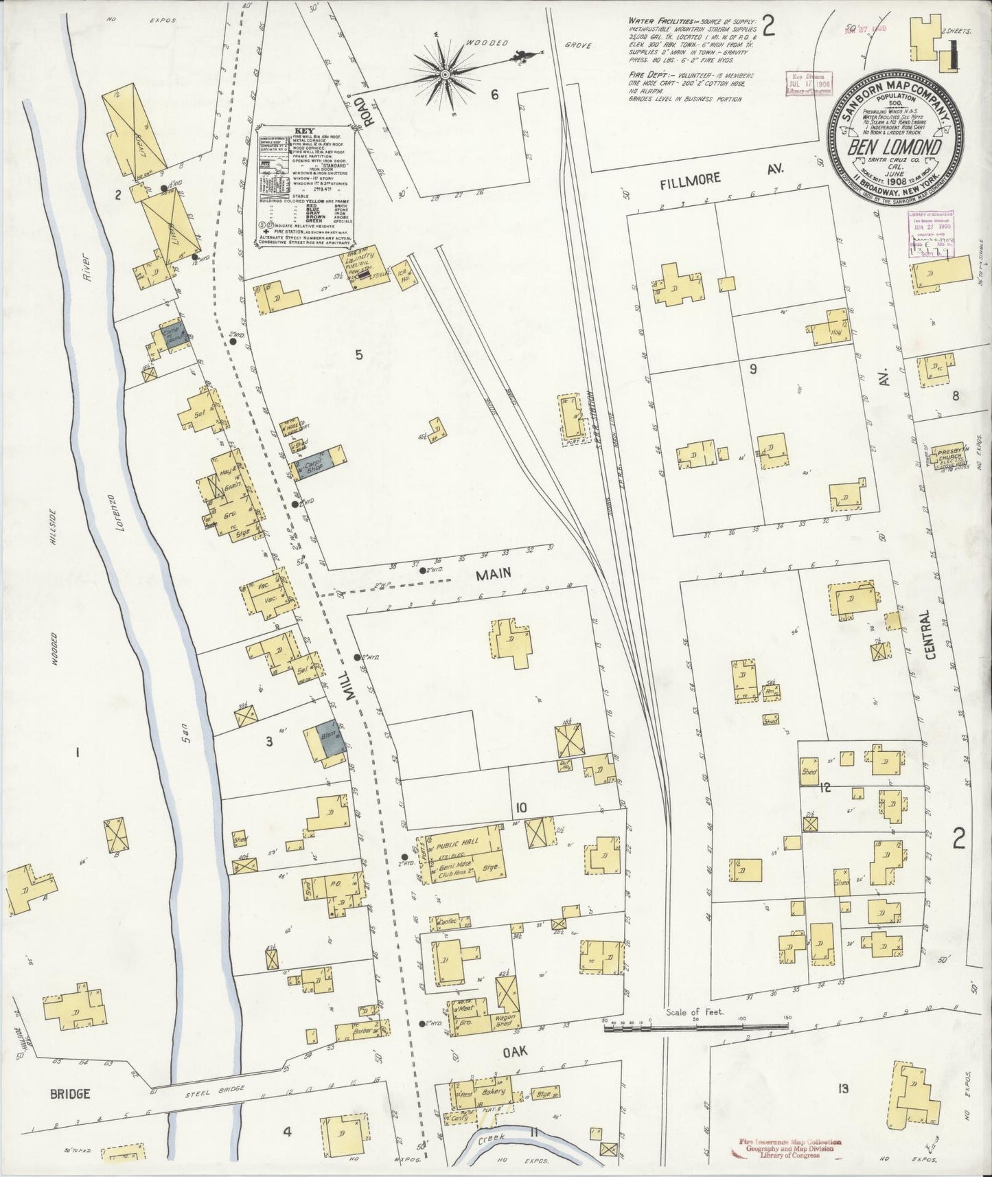 Sanborn Fire Insurance Map from Ben Lomond, Santa Cruz County, California (1908), Sheet #0001 - Historic Sanborn Fire Insurance Map Print, vintage old map wall art, antique decor, genealogy gift, California California map