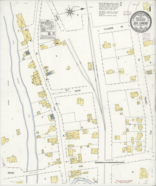 Sanborn Fire Insurance Map from Ben Lomond, Santa Cruz County, California (1908), Sheet #0001 - Historic Sanborn Fire Insurance Map Print, vintage old map wall art, antique decor, genealogy gift, California California map