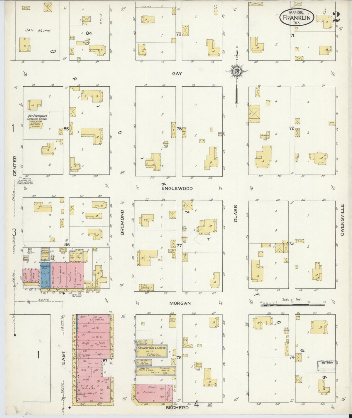 Sanborn Fire Insurance Map from Franklin, Robertson County, Texas (1916), Sheet #0002 - Complete Map Set gallery image, historic Sanborn map, vintage wall art, Texas Texas