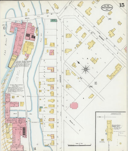 Sanborn Fire Insurance Map from Menasha, Winnebago County, Wisconsin (1906), Sheet #0015 - Historic Sanborn Fire Insurance Map Print, vintage old map wall art, antique decor, genealogy gift, Wisconsin Wisconsin map