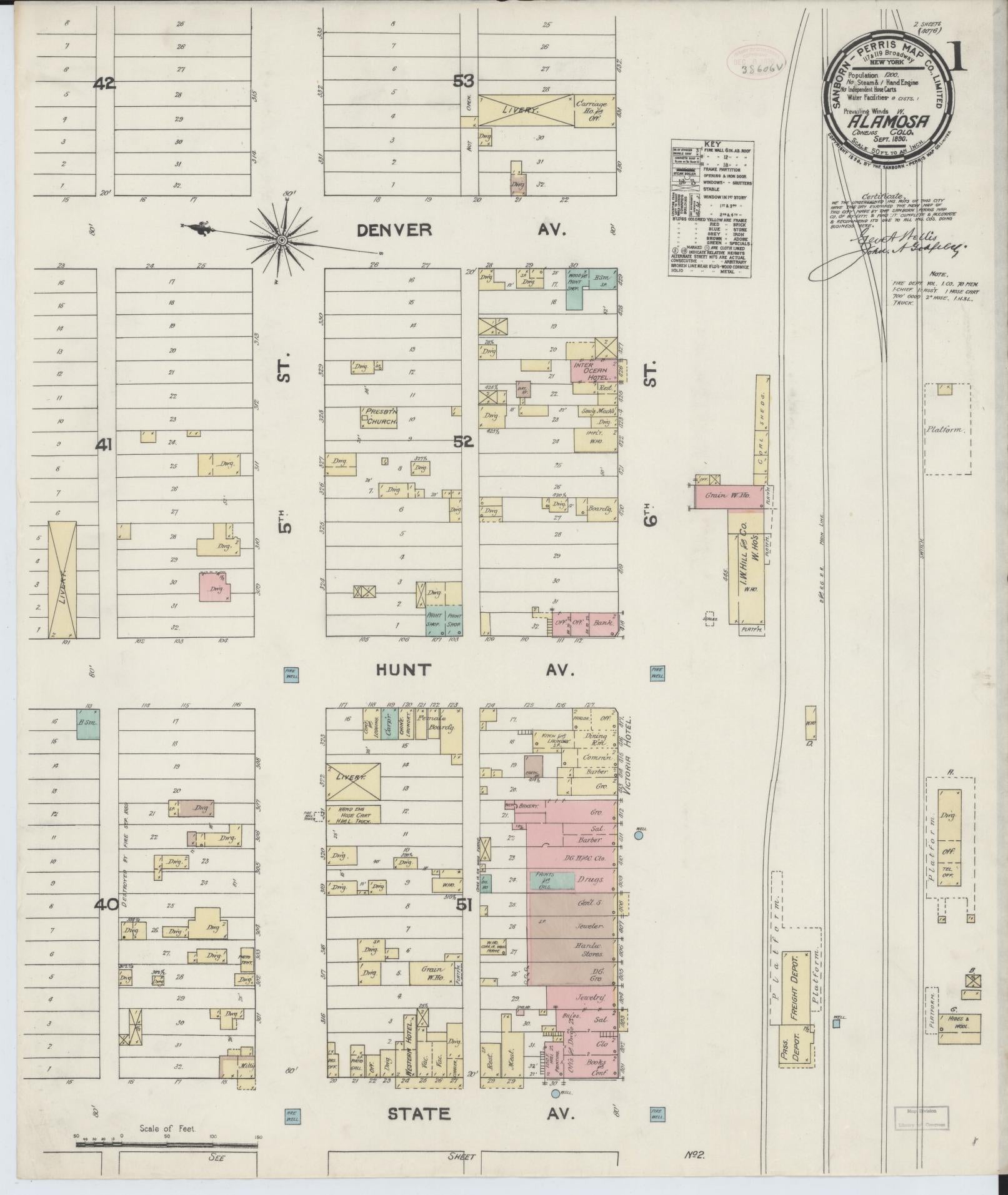 Sanborn Fire Insurance Map from Alamosa, Alamosa County, Colorado (1890), Sheet #0001 - Historic Sanborn Fire Insurance Map Print, vintage old map wall art, antique decor, genealogy gift, Colorado Colorado map