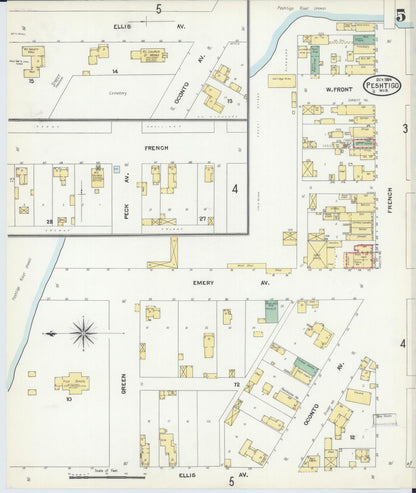 Sanborn Fire Insurance Map from Peshtigo, Marinette County, Wisconsin (1904), Sheet #0005 - Complete Map Set gallery image, historic Sanborn map, vintage wall art, Wisconsin Wisconsin
