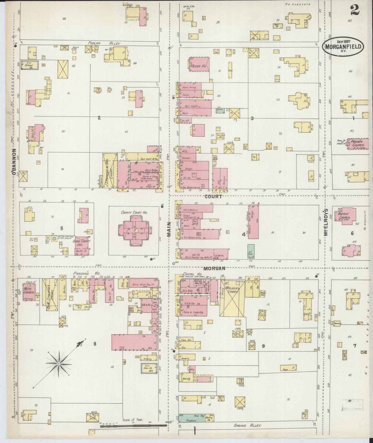 Sanborn Fire Insurance Map from Morganfield, Union County, Kentucky (1897), Sheet #0002 - Historic Sanborn Fire Insurance Map Print, vintage old map wall art, antique decor, genealogy gift, Kentucky Kentucky map
