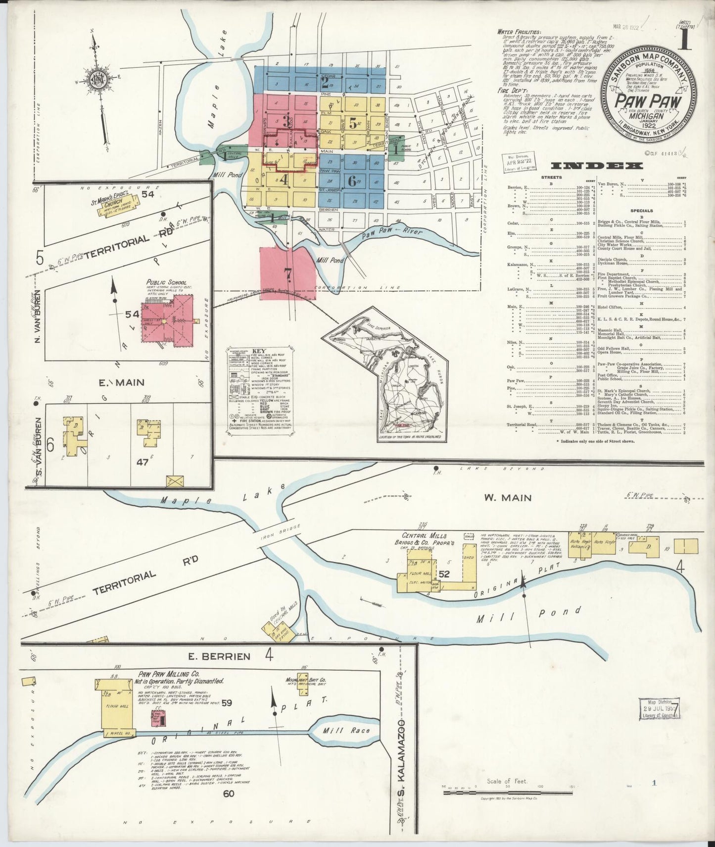 Sanborn Fire Insurance Map from Paw Paw, Van Buren County, Michigan (1922), Sheet #0001 - Complete Map Set gallery image, historic Sanborn map, vintage wall art, Michigan Michigan