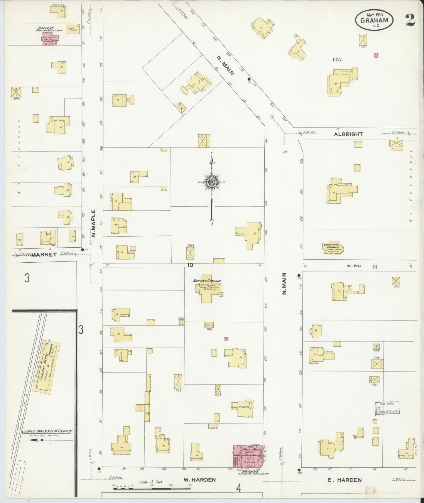 Sanborn Fire Insurance Map from Graham, Alamance County, North Carolina (1910), Sheet #0002 - Historic Sanborn Fire Insurance Map Print, vintage old map wall art, antique decor, genealogy gift, North Carolina North Carolina map