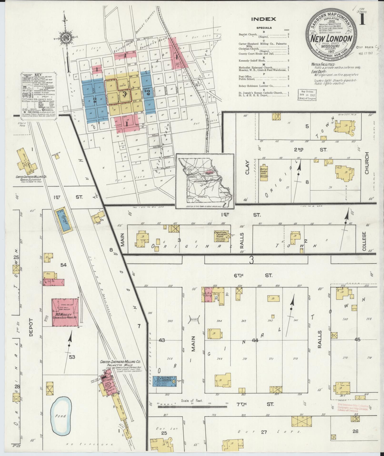 Sanborn Fire Insurance Map from New London, Ralls County, Missouri (1917), Sheet #0001 - Complete Map Set gallery image, historic Sanborn map, vintage wall art, Missouri Missouri