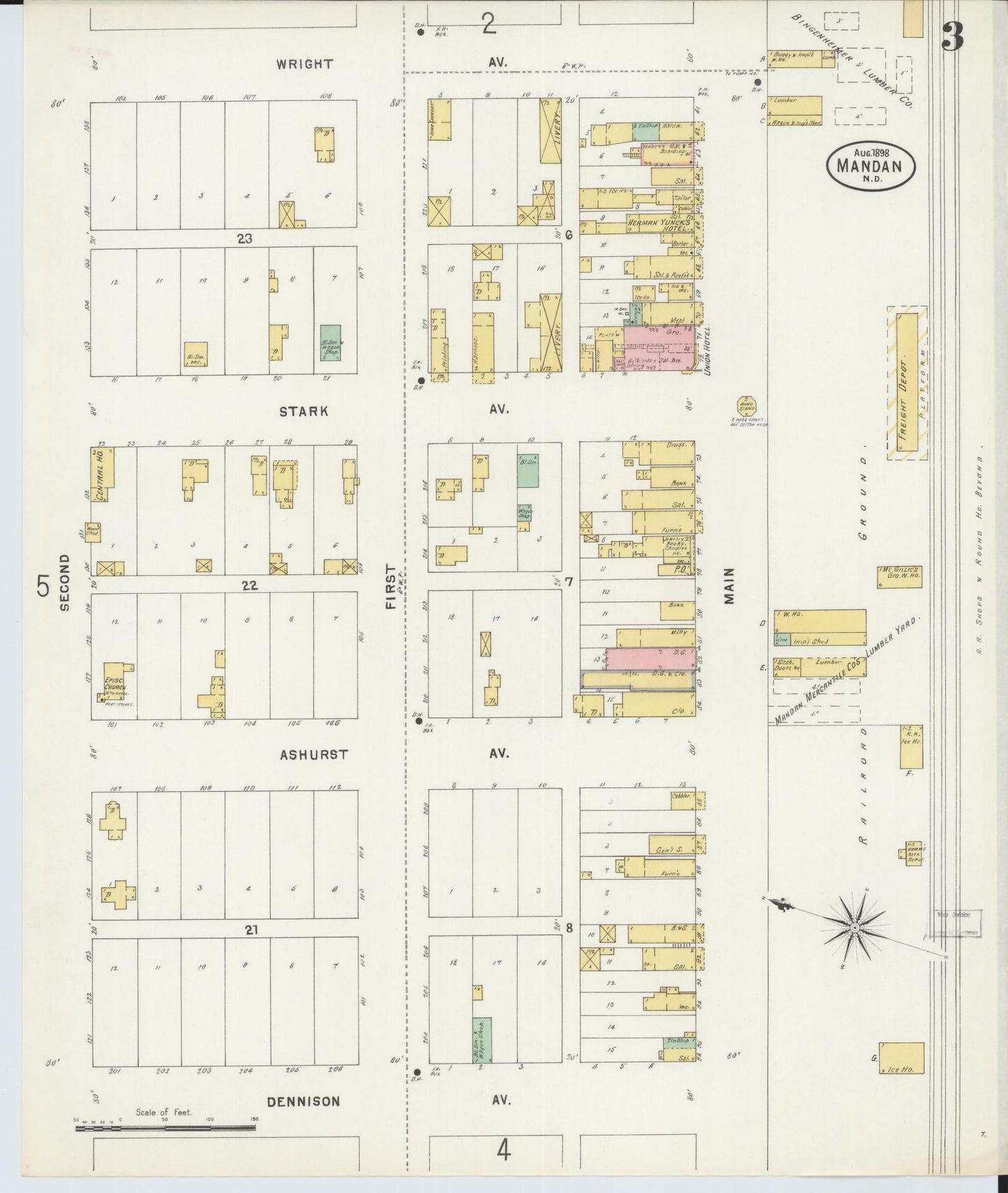 Sanborn Fire Insurance Map from Mandan, Morton County, North Dakota (1898), Sheet #0003 - Complete Map Set gallery image, historic Sanborn map, vintage wall art, North Dakota North Dakota
