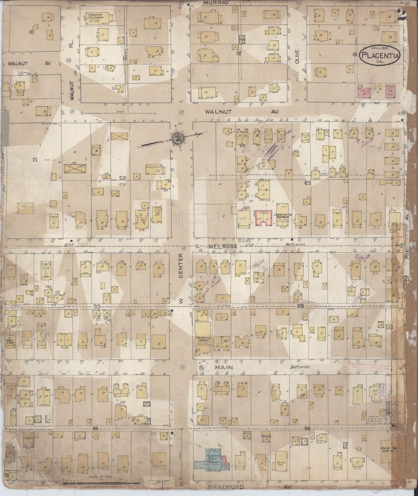 Sanborn Fire Insurance Map from Placentia, Orange County, California (1933), Sheet #0002 - Complete Map Set gallery image, historic Sanborn map, vintage wall art, California California