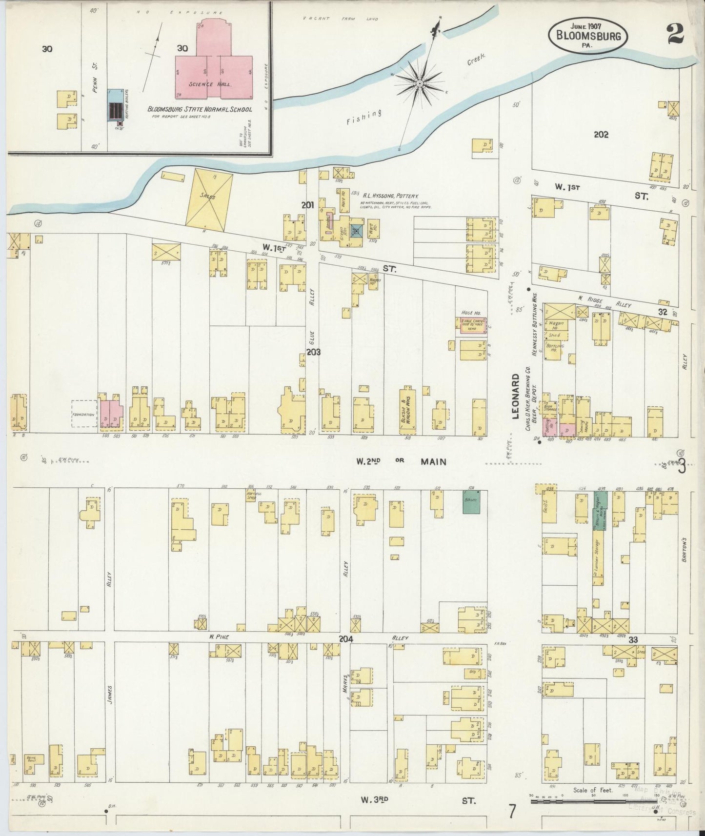 Sanborn Fire Insurance Map from Bloomsburg, Columbia County, Pennsylvania (1907), Sheet #0002 - Historic Sanborn Fire Insurance Map Print, vintage old map wall art, antique decor, genealogy gift, Pennsylvania Pennsylvania map