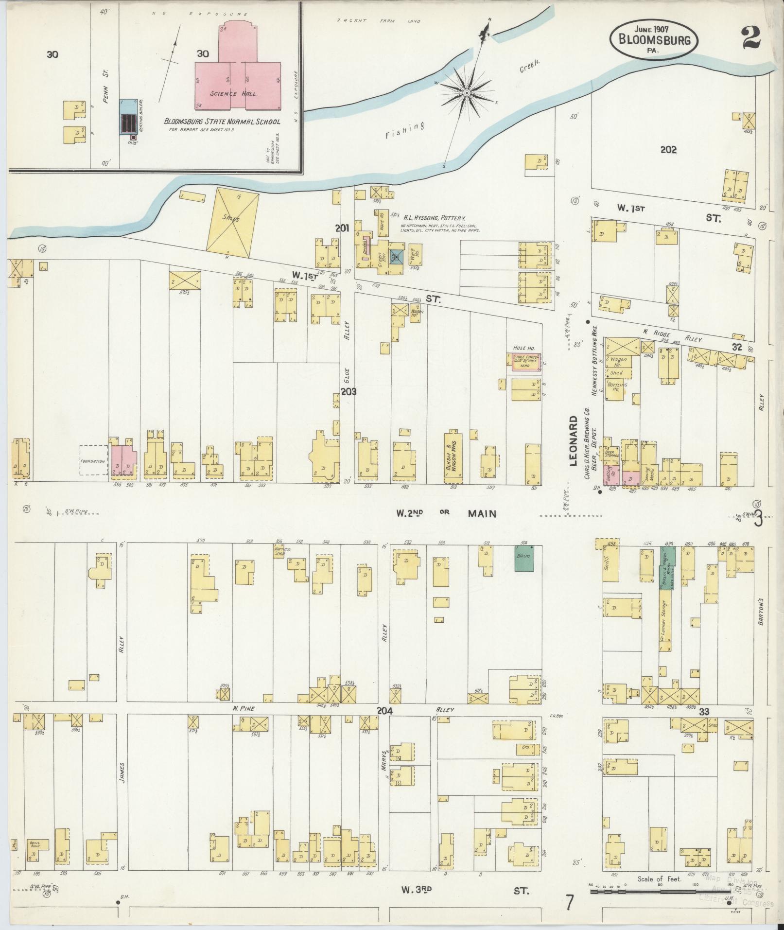 Sanborn Fire Insurance Map from Bloomsburg, Columbia County, Pennsylvania (1907), Sheet #0002 - Historic Sanborn Fire Insurance Map Print, vintage old map wall art, antique decor, genealogy gift, Pennsylvania Pennsylvania map