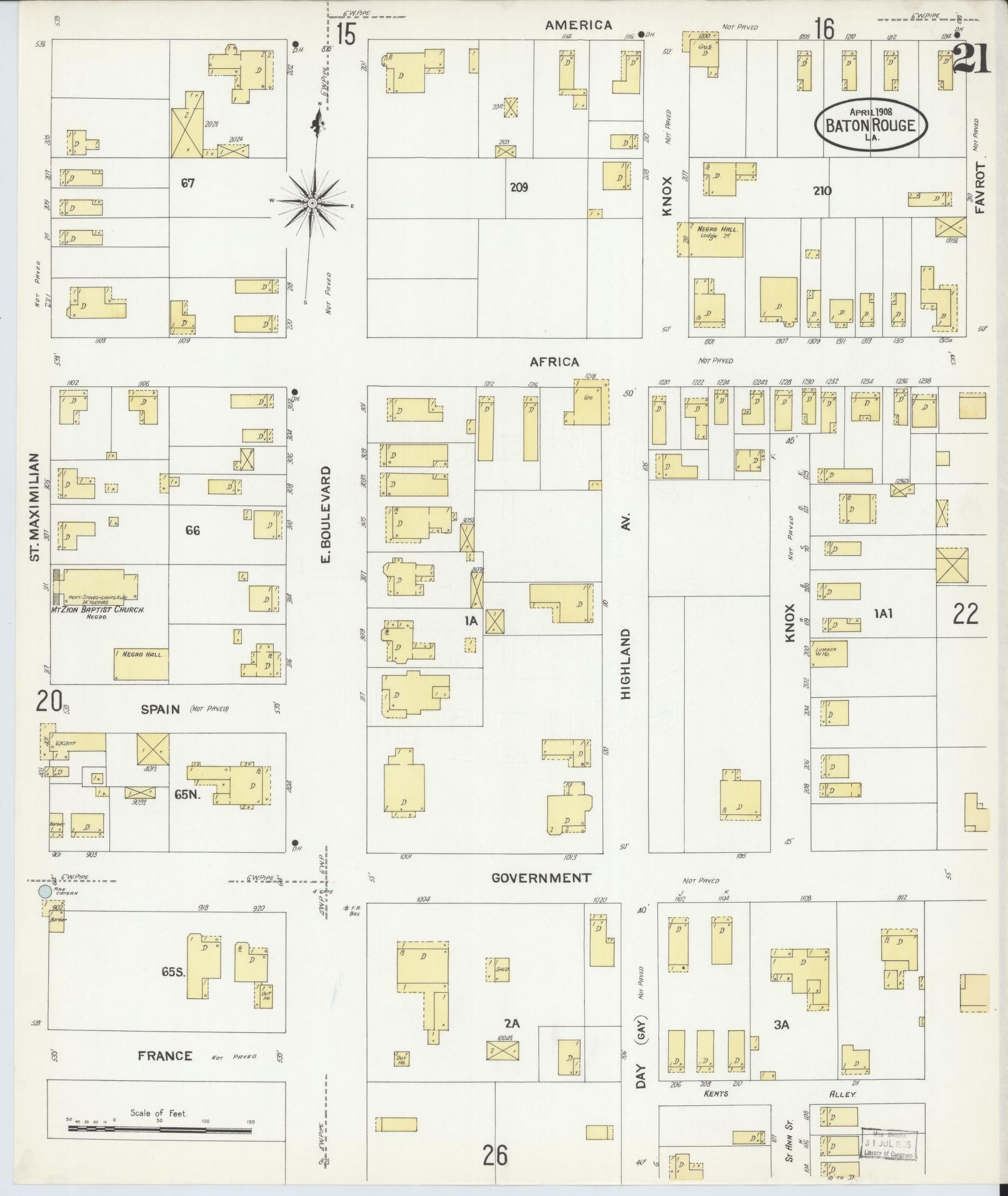 Sanborn Fire Insurance Map from Baton Rouge, East Baton Rouge Parish, Louisiana (1908), Sheet #0021 - Historic Sanborn Fire Insurance Map Print, vintage old map wall art, antique decor, genealogy gift, Louisiana Louisiana map