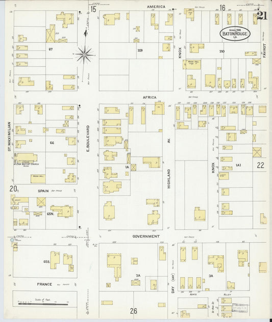 Sanborn Fire Insurance Map from Baton Rouge, East Baton Rouge Parish, Louisiana (1908), Sheet #0021 - Historic Sanborn Fire Insurance Map Print, vintage old map wall art, antique decor, genealogy gift, Louisiana Louisiana map