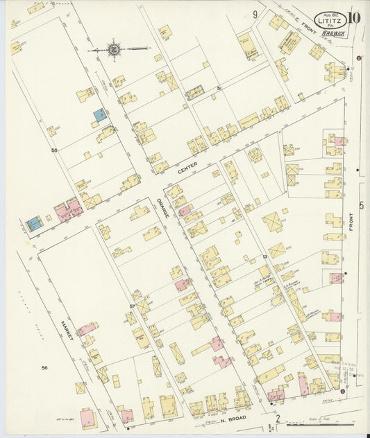 Sanborn Fire Insurance Map from Lititz, Lancaster County, Pennsylvania (1912), Sheet #0010 - Historic Sanborn Fire Insurance Map Print, vintage old map wall art, antique decor, genealogy gift, Pennsylvania Pennsylvania map
