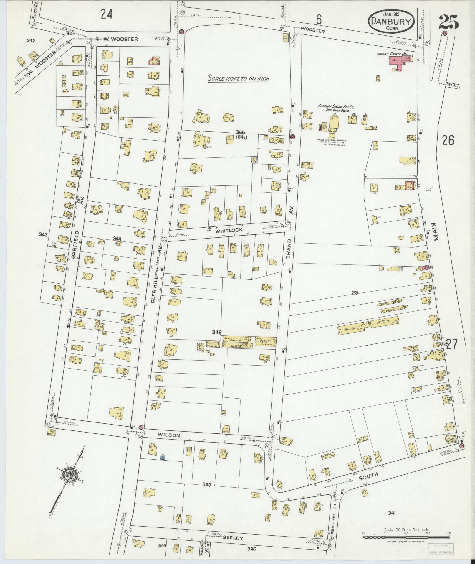 Sanborn Fire Insurance Map from Danbury, Fairfield County, Connecticut (1919), Sheet #0025 - Complete Map Set gallery image, historic Sanborn map, vintage wall art, Connecticut Connecticut