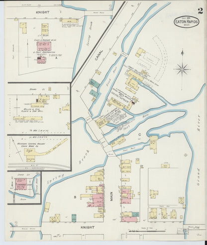 Sanborn Fire Insurance Map from Eaton Rapids, Eaton County, Michigan (1892), Sheet #0002 - Historic Sanborn Fire Insurance Map Print, vintage old map wall art, antique decor, genealogy gift, Michigan Michigan map