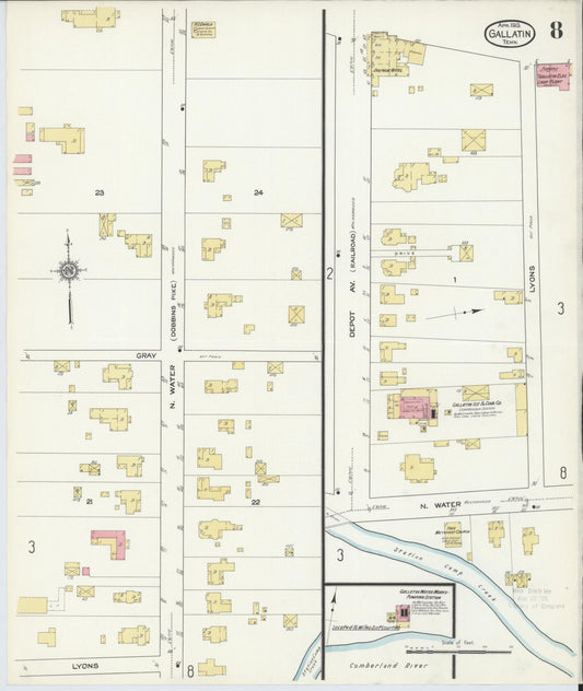 Sanborn Fire Insurance Map from Gallatin, Sumner County, Tennessee (1913), Sheet #0008 - Historic Sanborn Fire Insurance Map Print, vintage old map wall art, antique decor, genealogy gift, Tennessee Tennessee map