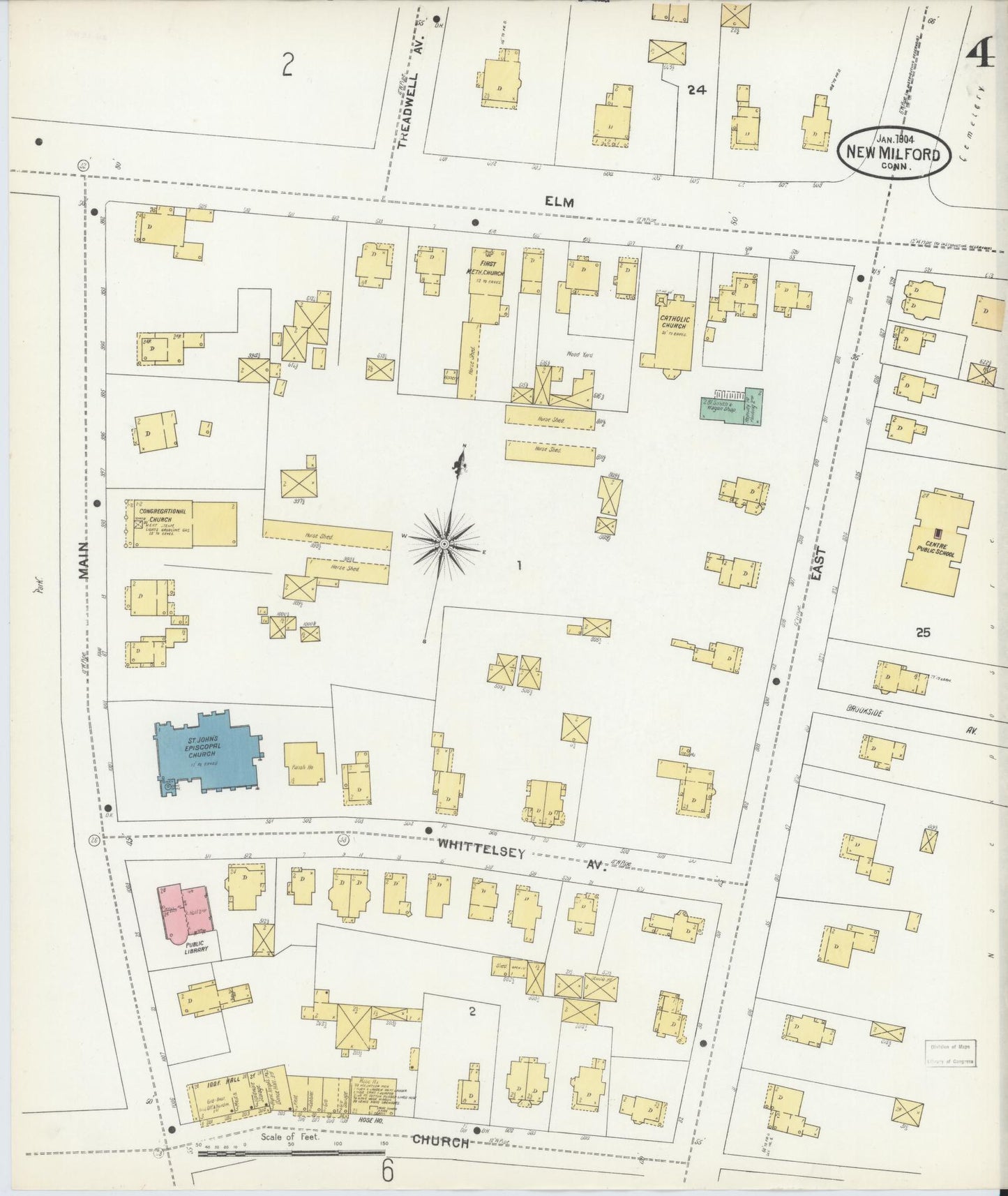 Sanborn Fire Insurance Map from New Milford, Litchfield County, Connecticut (1904), Sheet #0004 - Complete Map Set gallery image, historic Sanborn map, vintage wall art, Connecticut Connecticut
