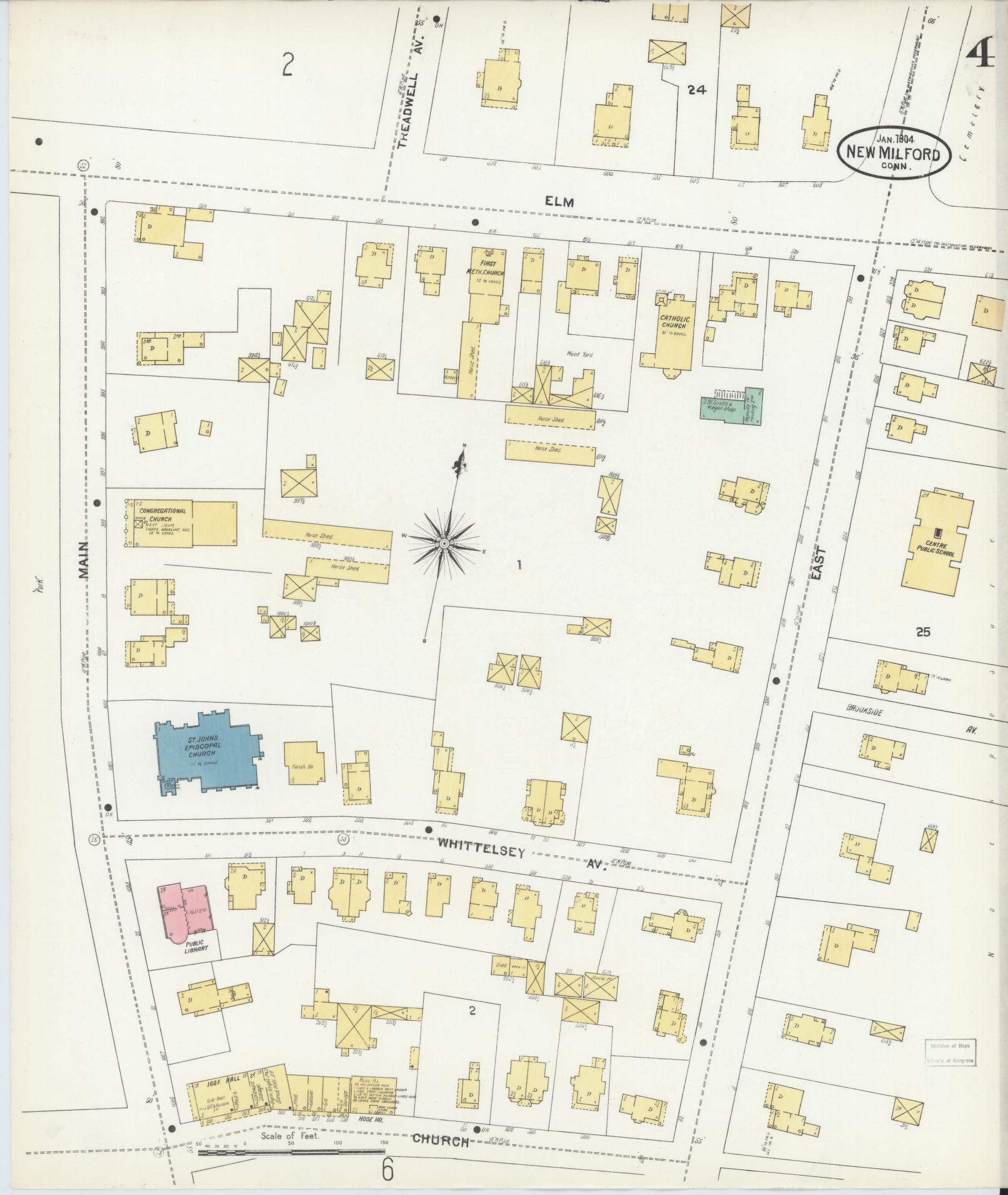 Sanborn Fire Insurance Map from New Milford, Litchfield County, Connecticut (1904), Sheet #0004 - Complete Map Set gallery image, historic Sanborn map, vintage wall art, Connecticut Connecticut