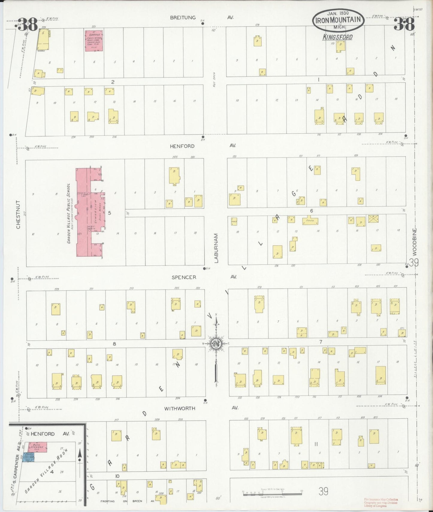 Sanborn Fire Insurance Map from Iron Mountain, Dickinson County, Michigan (1930), Sheet #0038 - Historic Sanborn Fire Insurance Map Print, vintage old map wall art, antique decor, genealogy gift, Michigan Michigan map