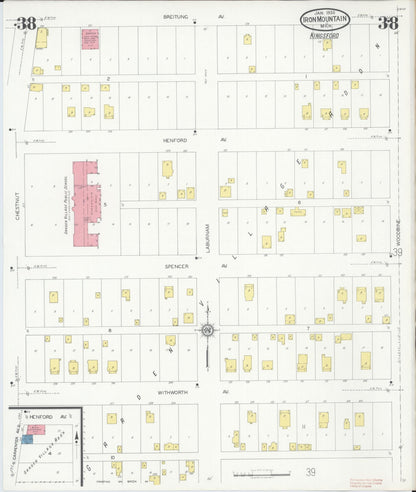 Sanborn Fire Insurance Map from Iron Mountain, Dickinson County, Michigan (1930), Sheet #0038 - Historic Sanborn Fire Insurance Map Print, vintage old map wall art, antique decor, genealogy gift, Michigan Michigan map