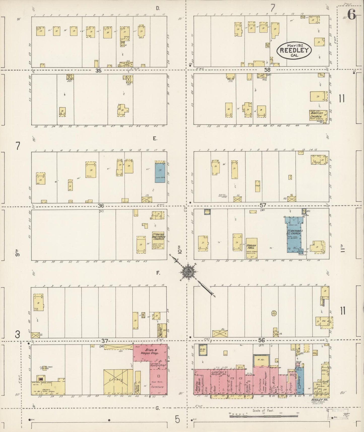Sanborn Fire Insurance Map from Reedley, Fresno County, California (1912), Sheet #0006 - Complete Map Set gallery image, historic Sanborn map, vintage wall art, California California