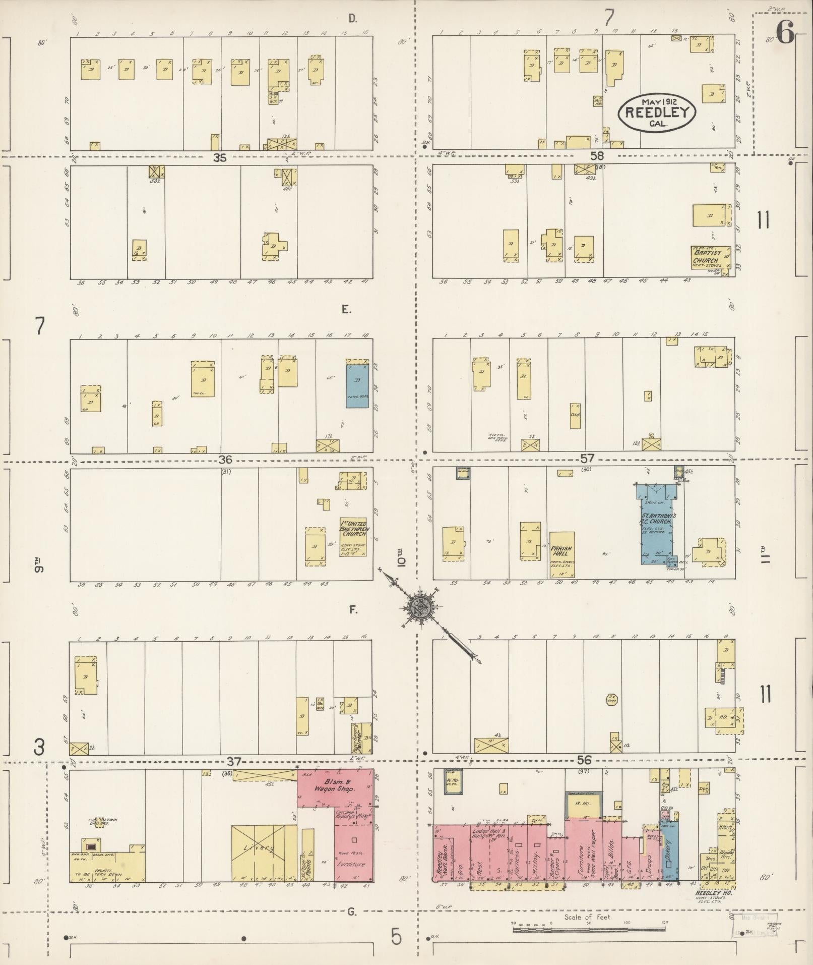 Sanborn Fire Insurance Map from Reedley, Fresno County, California (1912), Sheet #0006 - Complete Map Set gallery image, historic Sanborn map, vintage wall art, California California