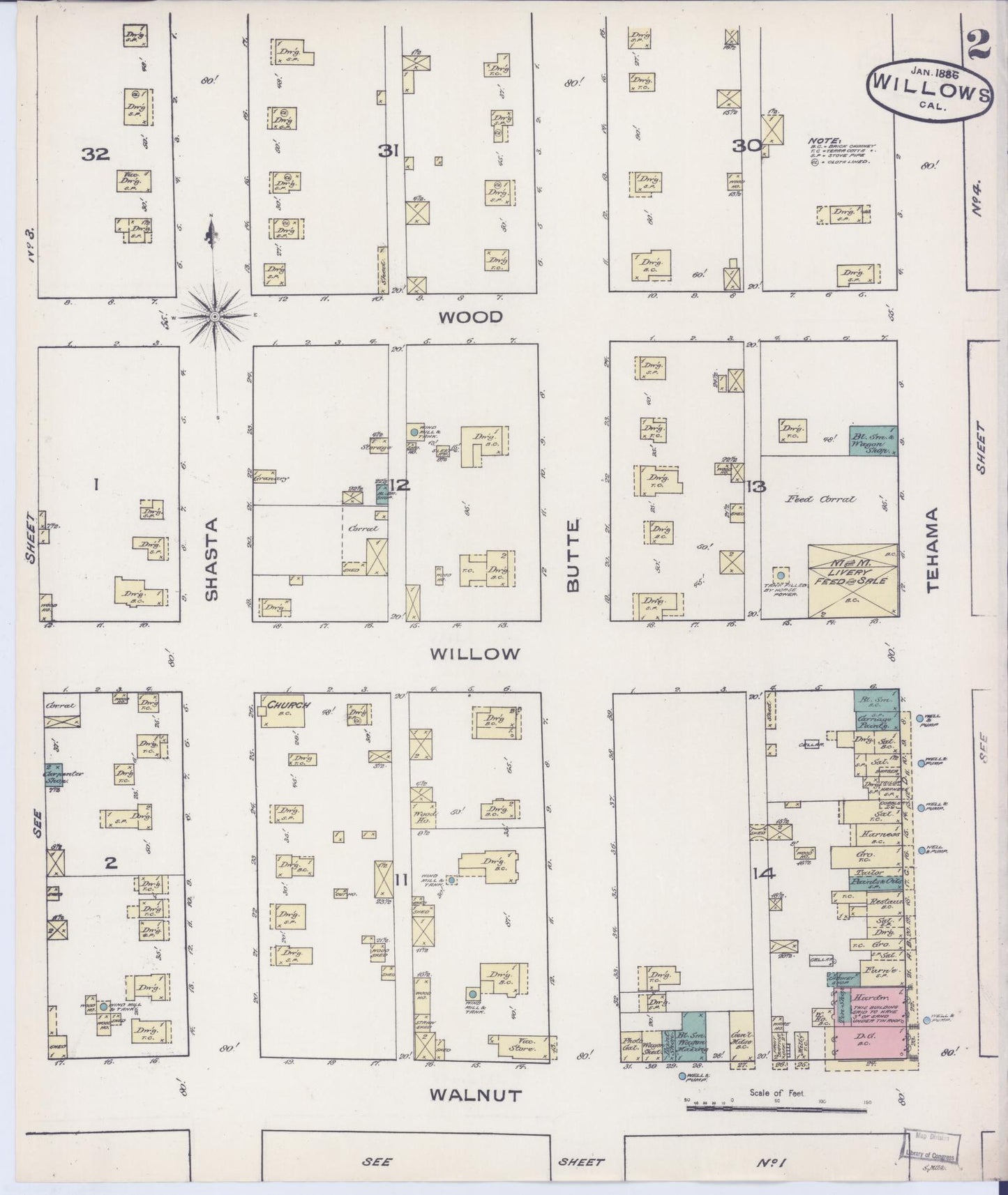 Sanborn Fire Insurance Map from Willows, Glenn County, California (1886), Sheet #0002 - Complete Map Set gallery image, historic Sanborn map, vintage wall art, California California